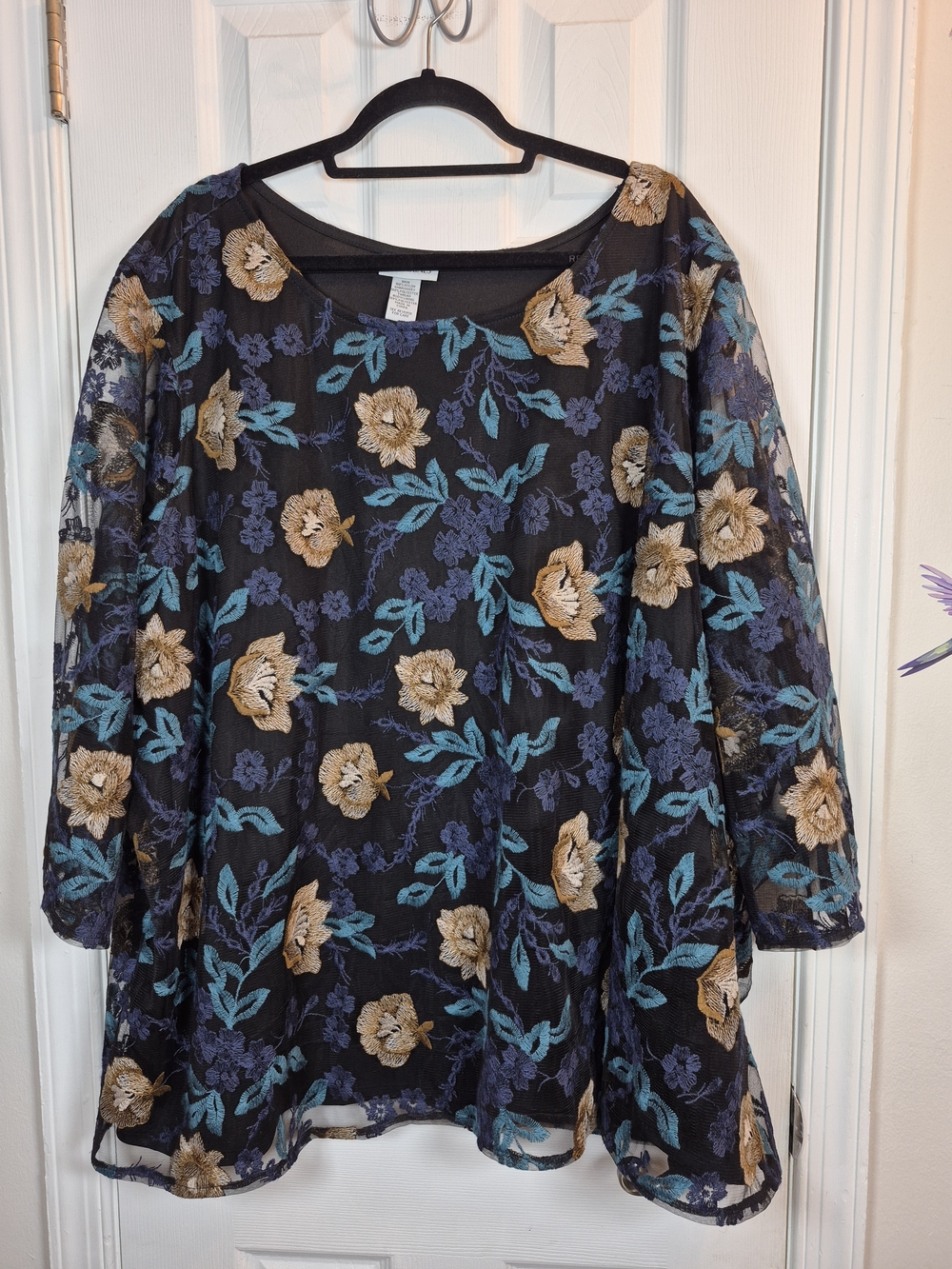 Catherines NWT 5X Floral Embroidered Mesh Blouse Dark Cottagecore Boho Top